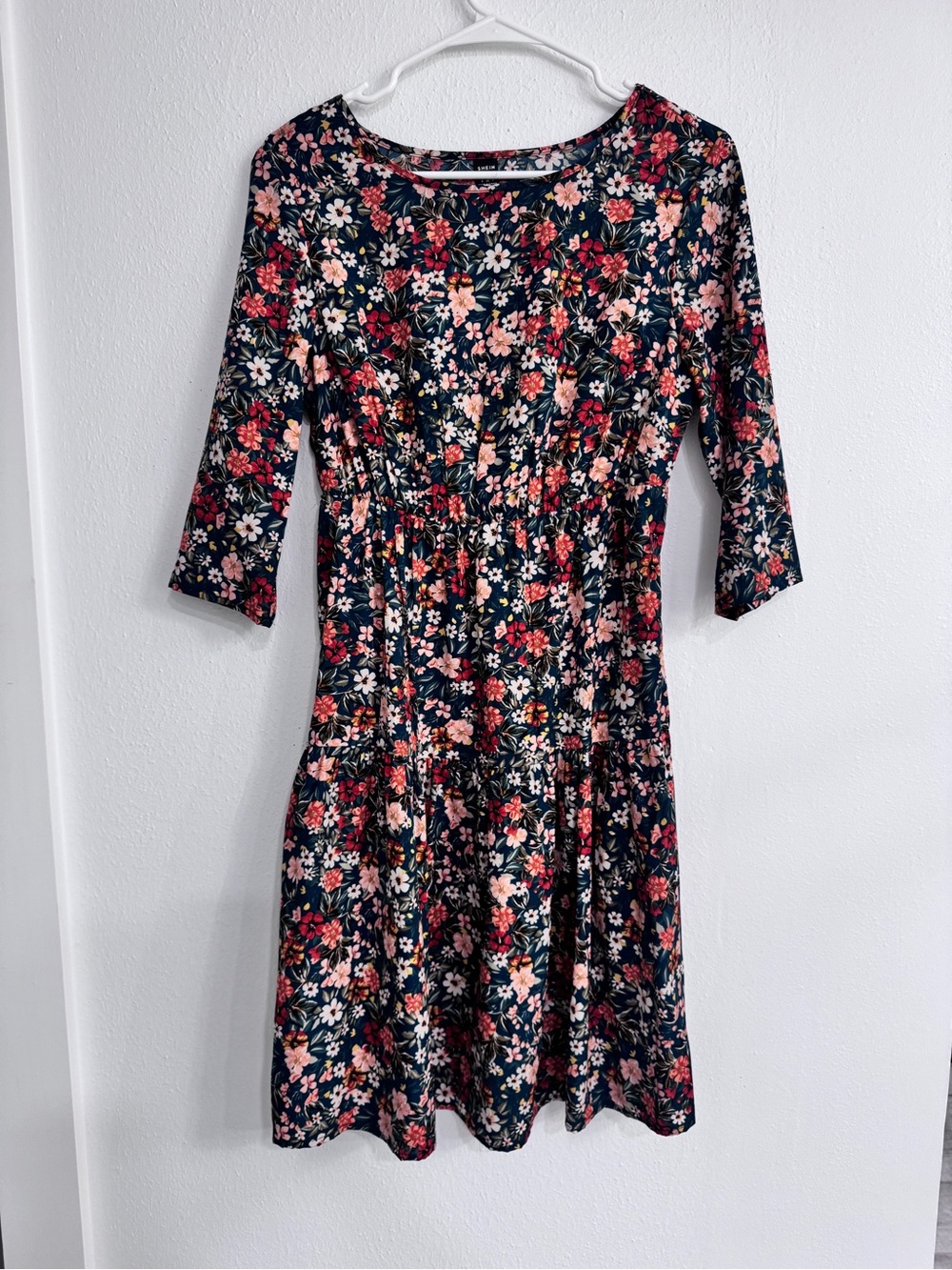 SHEIN Floral Tiered Mini Dress Small 3/4 Sleeve Elastic Waist Cottagecore Boho